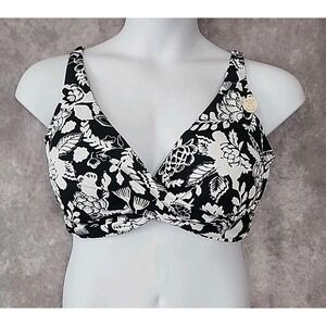 ArteSands Floral Bikini Top Cross Front Size 16‎ Black White Multi-fit Cup D-G